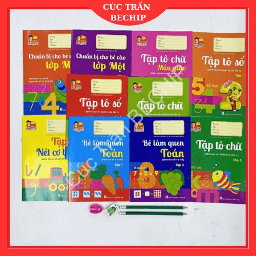 Bộ 10 Cuốn Vở Tập Tô Kèm 2 Bút Chì Và Gọt Bút Chì, Cục Tẩy Tập Viết Chữ Và Số Cho Bé Từ 4-6 Tuổi Ctb220 - Bechip