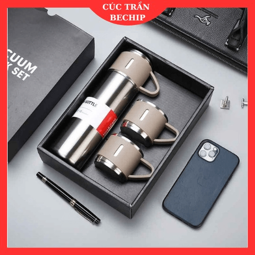 Bộ Bình Giữ Nhiệt Inox Kèm 2 Cốc Sang Trọng 500ml Vacuum Flask Ctb68 - Bechip