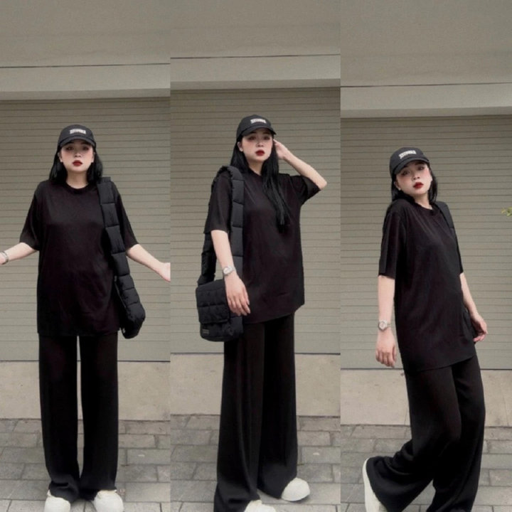 Alternative view of Sét Quần Ống Rộng Cạp Chun Đen Hack Dáng + Kèm Áo Phông Trơn Cotton Khô 3158 Loại 1