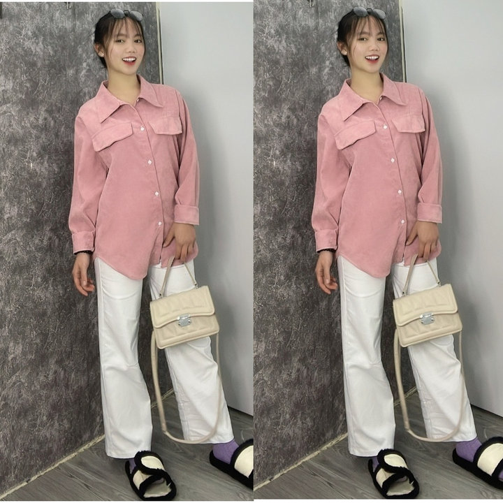 Alternative view of Sét Bộ Nữ Quần Kaki Trắng Ống Rộng + Mix Sơ Mi Nhung Tăm Basic