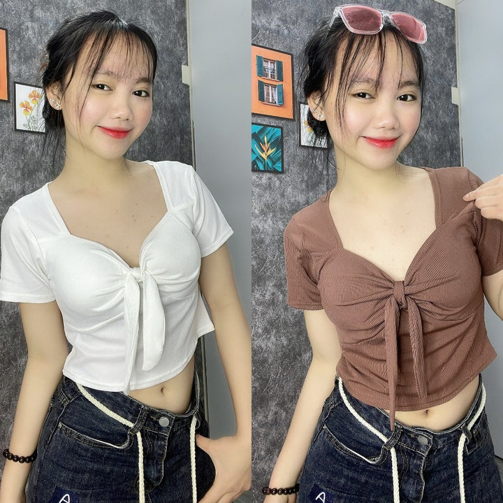 Áo Thun Nữ Cọc Tay Chất Tăm Hàng Quảng Châu Có Đệm Mút Thắt Nơ Xinh Xắn Chất Bo Rip Dày Đẹp