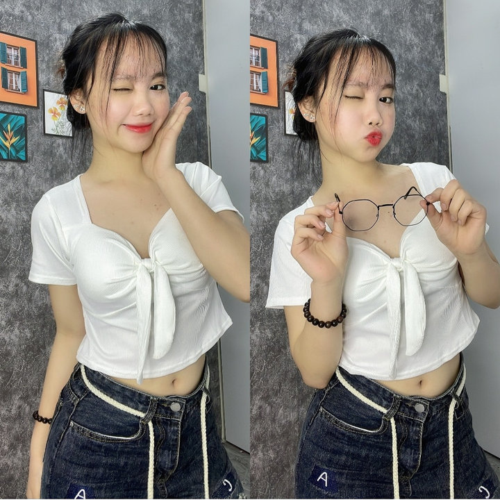 Alternative view of Áo Thun Nữ Cọc Tay Chất Tăm Hàng Quảng Châu Có Đệm Mút Thắt Nơ Xinh Xắn Chất Bo Rip Dày Đẹp