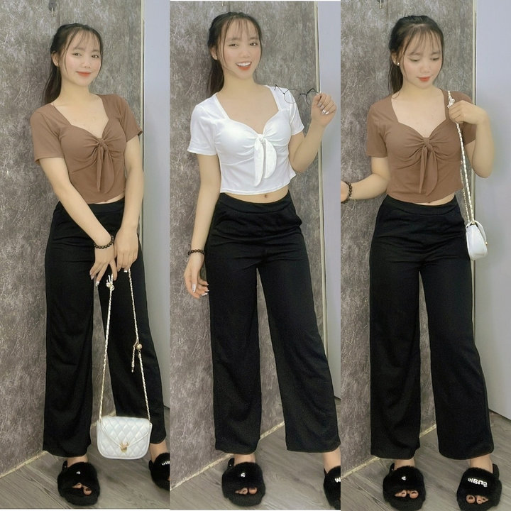 [ Rẻ Vô Địch ] Sét Bộ Đồ Quần Ống Rộng Cạp Chun Hack Dáng Đen + Mix Áo Thun Chất Tăm Hàn Có Đệm Mút Thắt Nơ Xinh Xắn