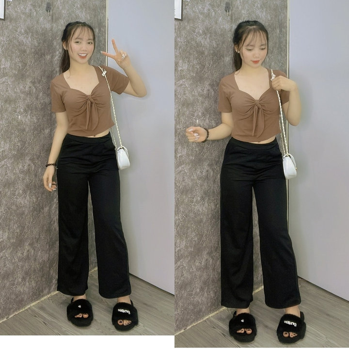 Alternative view of [ Rẻ Vô Địch ] Sét Bộ Đồ Quần Ống Rộng Cạp Chun Hack Dáng Đen + Mix Áo Thun Chất Tăm Hàn Có Đệm Mút Thắt Nơ Xinh Xắn