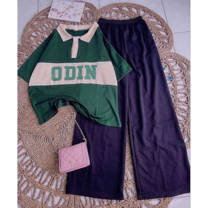 Sét Bộ Nữ, Gồm Quần Ống Rộng Cạp Chun Đen Hack Dáng + Mix Kèm Áo Polo Chữ -odin