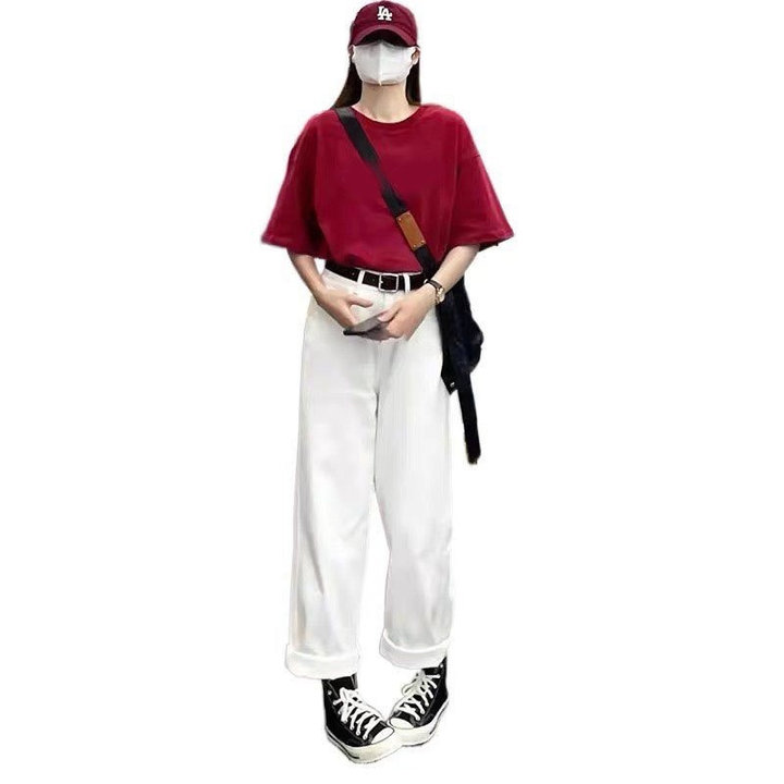Alternative view of Set Quần Kaki Trắng 2 Khuy + Áo Cotton Trơn Đỏ