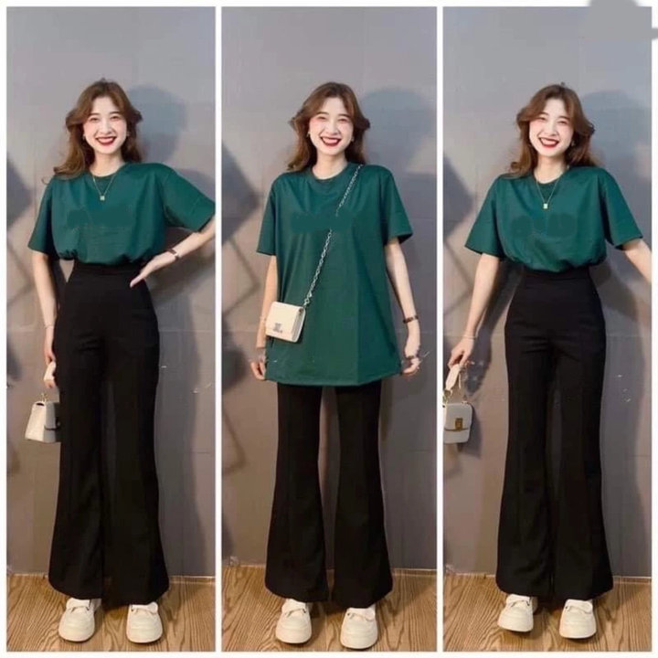 Alternative view of Set Bộ Quần Ống Loe Đen + Áo Cotton Khô Trơn Xanh Lá