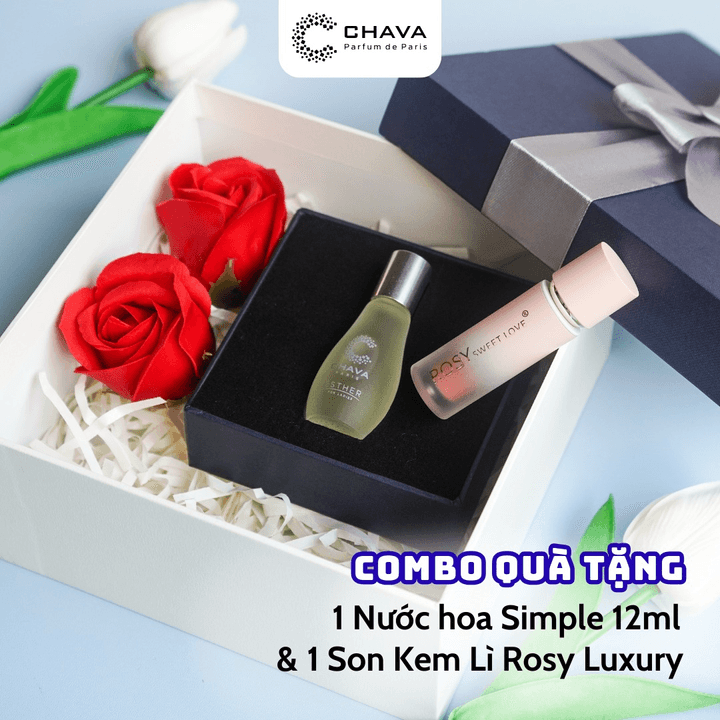[combo Quà Tặng] 1 Nước Hoa Simple 12ml + 1 Son Kem Lì Rosy Luxury - Chava