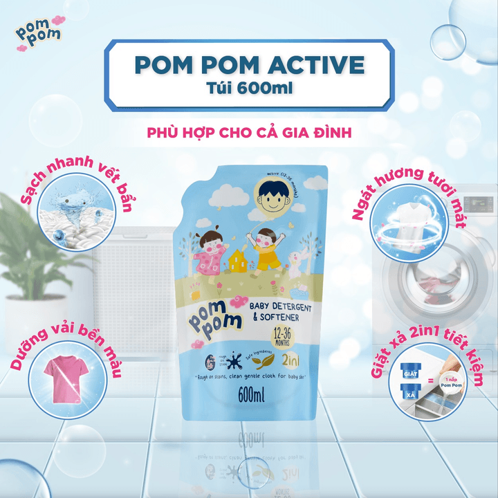 Alternative view of [giá Dùng Thử Túi 600ml] Gel Giặt Xả 2in1"lành" Cho Cả Nhà Pompom Active Sạch Sâu Vết Bẩn - Dưỡng Mới Vải - Lưu Hương Tích Hợp Kháng Khuẩn An Toàn Cho Đồ Lót