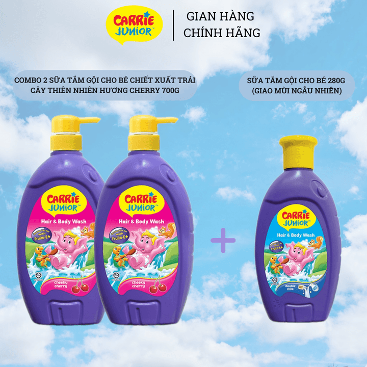 Combo 2 Sữa Tắm Gội Cho Bé Carrie Junior Chiết Xuất Trái Cây Thiên Nhiên Hương Cherry 700g + Chai 280g (mùi Ngẫu Nhiên)