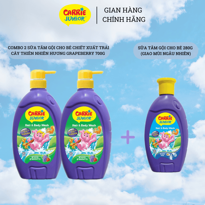 Combo 2 Sữa Tắm Gội Cho Bé Carrie Junior Chiết Xuất Trái Cây Thiên Nhiên Hương Grapeberry 700g + Chai 280g (mùi Ngẫu Nhiên)