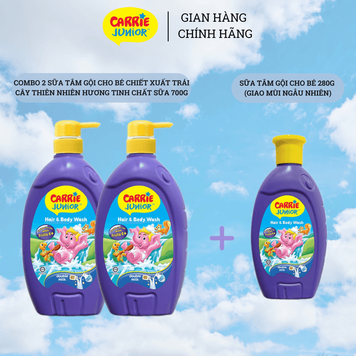 Combo 2 Sữa Tắm Gội Cho Bé Carrie Junior Chiết Xuất Trái Cây Thiên Nhiên Hương Tinh Chất Sữa 700g + Chai 280g (mùi Ngẫu Nhiên)