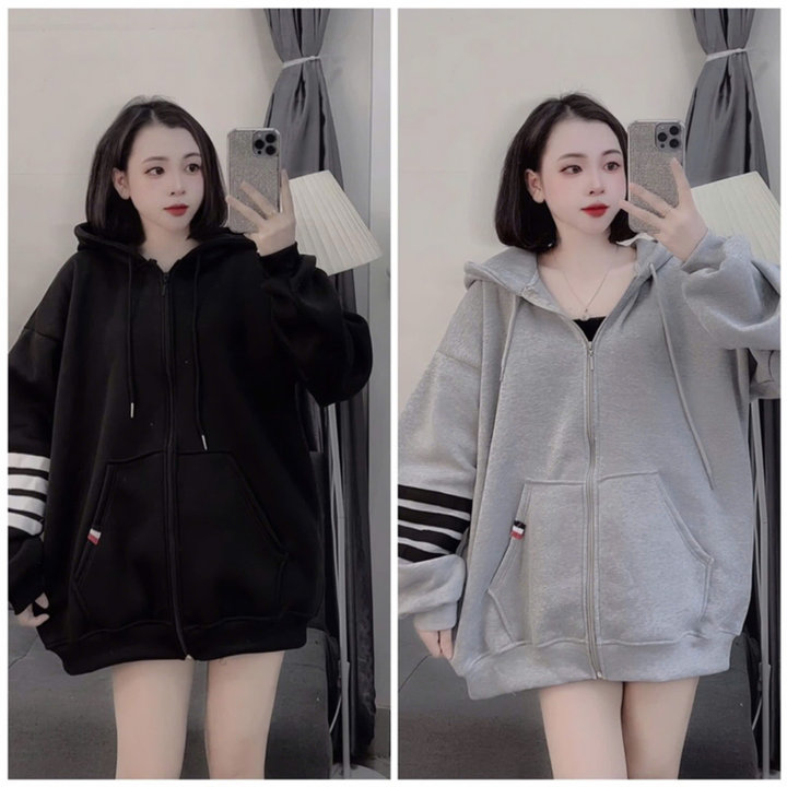 Alternative view of Áo Khoác Nỉ Hoodie Nam Nữ Có Nón Vải Thun Nỉ Ngoại Mềm Mịn Kẻ 5 Sọc Tay
