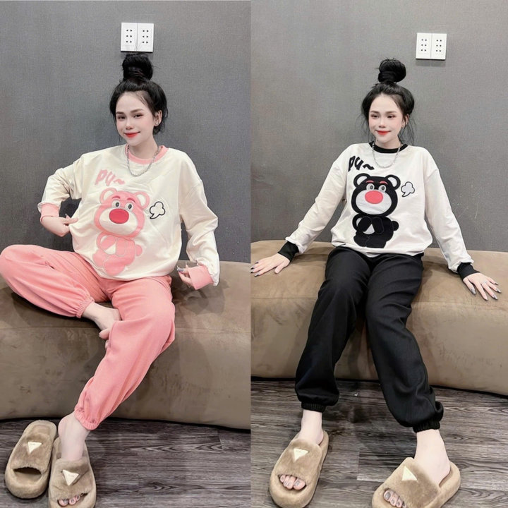 Sét Bộ Thu Đông Quần Joker Màu Hồng + Mix Áo Thu Đông Cổ Tròn Dài Tay -gấu Pu