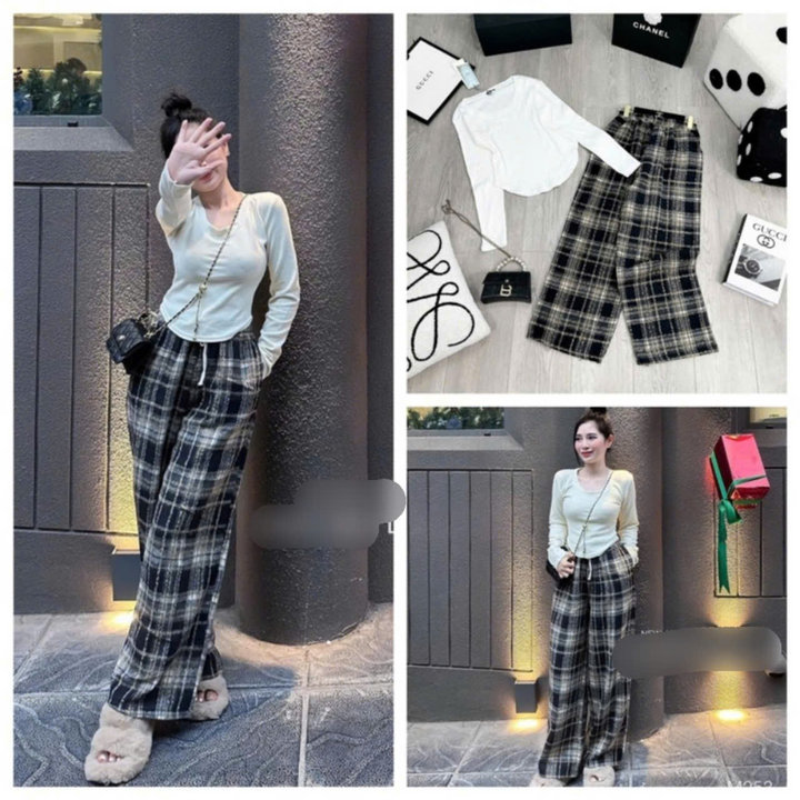 Set Bộ Thu Đông Quần Kẻ Caro Vàng Bbr + Mix Áo Thu Đông Trơn Dài Tay Cổ Tròn