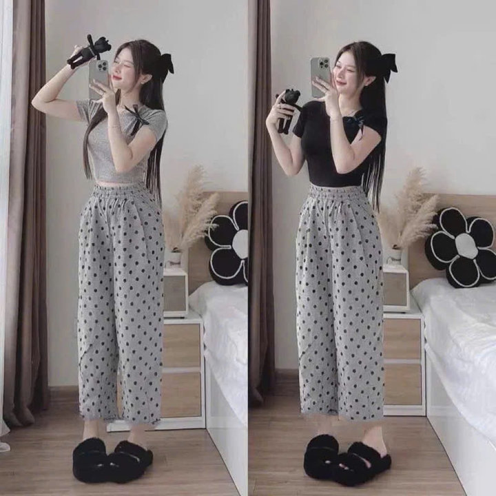 [ Rẻ Vô Địch ] Set Bộ Áo Phông Croptop Cài Nơ Vai + Mix Quần Dài Ống Xuông Chấm Bi Xám