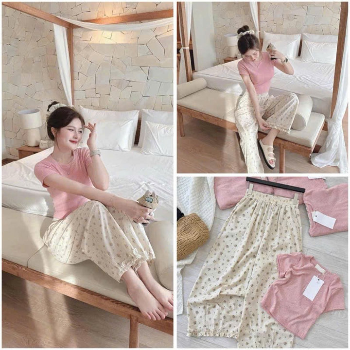 [ Rẻ Vô Địch ] Set Bộ Áo Croptop Hồng + Mix Quần Xuông Hoa Cỏ May