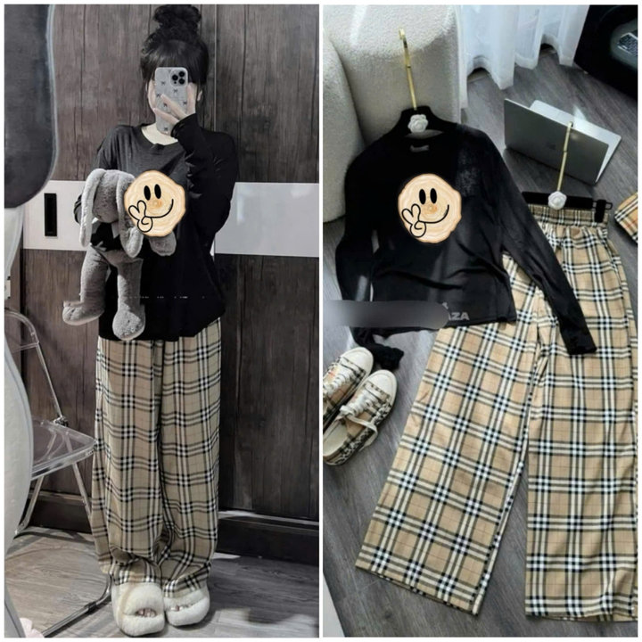 Alternative view of Tổng Hợp Sét Quần Kẻ Caro Vàng Bbr + Mix Áo Thu Đông Trơn Cổn Tròn Dài Tay