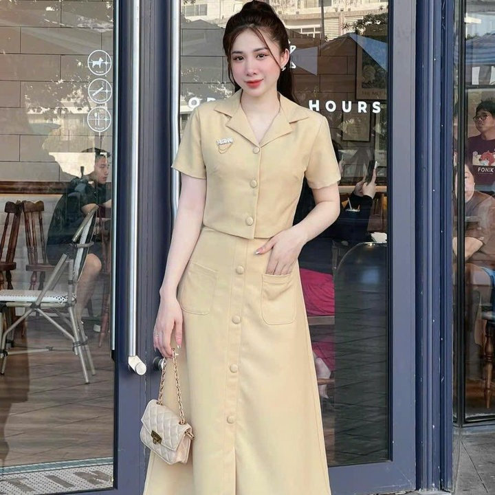 Xả Hàng Set Cotton Lạnh Phối Chân Váy Dài Lưng Thun Khóa Kéo N15- Nana House