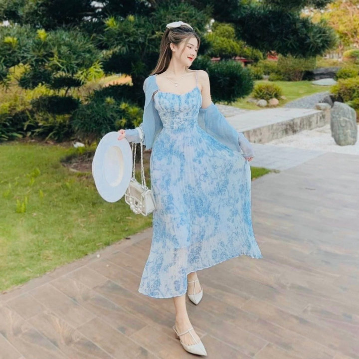 Xả Hàng Set Đầm Voan Dập Ly Kèm Áo Khoác Voan Tơ Xh16- Nana House