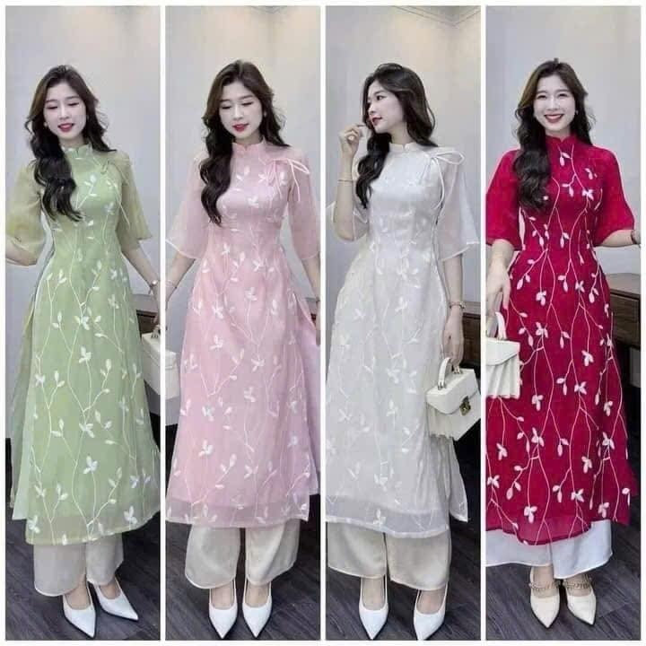 Set Áo Dài Voan Tơ Thêu Hoa Phối Quần Lụa Tb130a- Sam Store