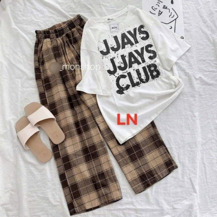 Alternative view of Sét Bộ Quần Kẻ Caro Ống Rộng Nâu+mix Áo Phông Jjays Clubs Tay Lỡ Cộc Tay