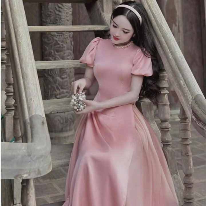 Sale Nghỉ Tết Set Áo Dài Tuyết Nhung Tay Phồng Chân Váy Voan Df3- Sam Store