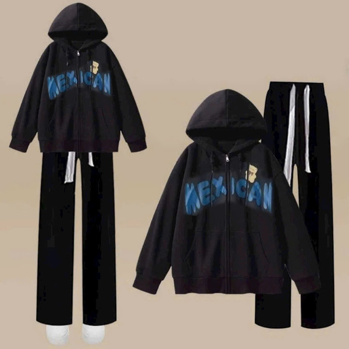Sét Quần Ống Rộng Dây To Đen + Mix Áo Khoác Nỉ Hoodie Mũ 2 Lớp Chữ Mexican