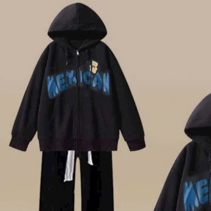 Alternative view of Sét Quần Ống Rộng Dây To Đen + Mix Áo Khoác Nỉ Hoodie Mũ 2 Lớp Chữ Mexican