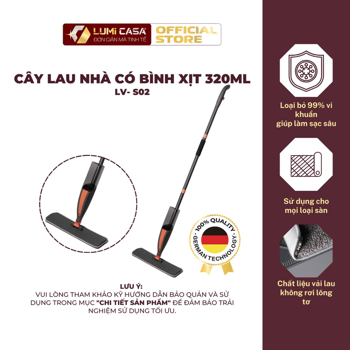 Cây Lau Nhà Phun Sương Thông Minh Lumi Casa Đa Năng - Công Nghệ Đức, Bình Xịt Nước 350ml