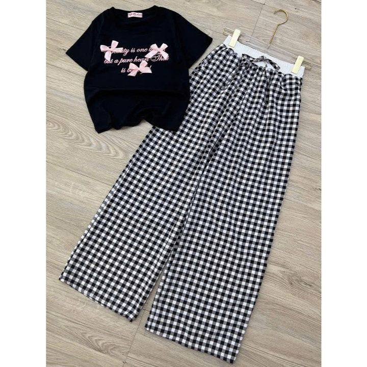 Alternative view of Sét Bộ Quần Kẻ Caro Mini Mẫu Mới Ống Rộng+ Mix Áo Croptop Chất Tăm Hàn Lạnh Form Ngắn Co Dãn- Chữ Beautiful