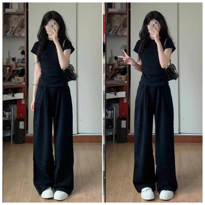 Alternative view of Sét Bộ Quần Áo Baby Tee Quần Ống Rộng Cạp Chun Hack Dáng Đen + Mix Áo Phông Croptop Cộc Tay Chất Tăm Gân Trơn Dáng Ngắn