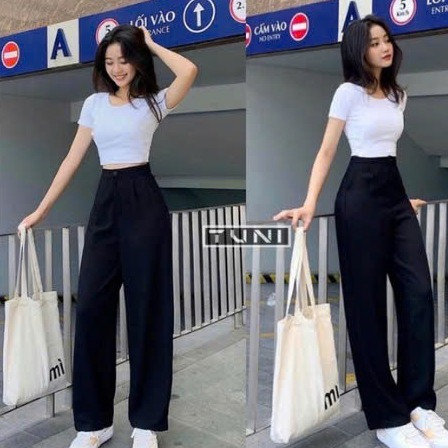 Sét Bộ Quần Áo Baby Tee Quần Ống Rộng Cạp Chun Hack Dáng Đen + Mix Áo Phông Croptop Cộc Tay Chất Tăm Gân Trơn Dáng Ngắn