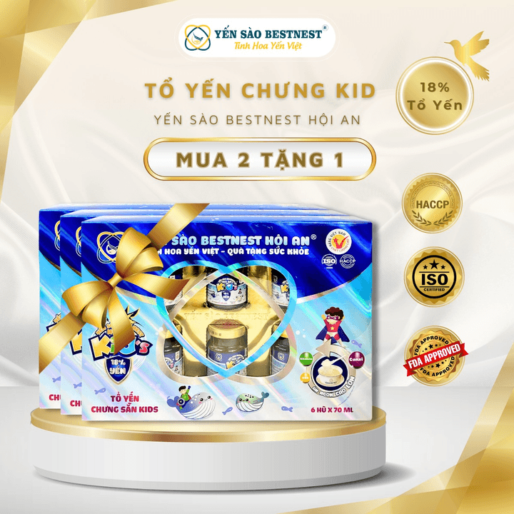 [mua 2 Tặng 1] Yến Sào Bestnest Hội An - Tổ Yến Chưng Sẵn Kid's 18% - Hộp Quà 6 Hũ X 70ml