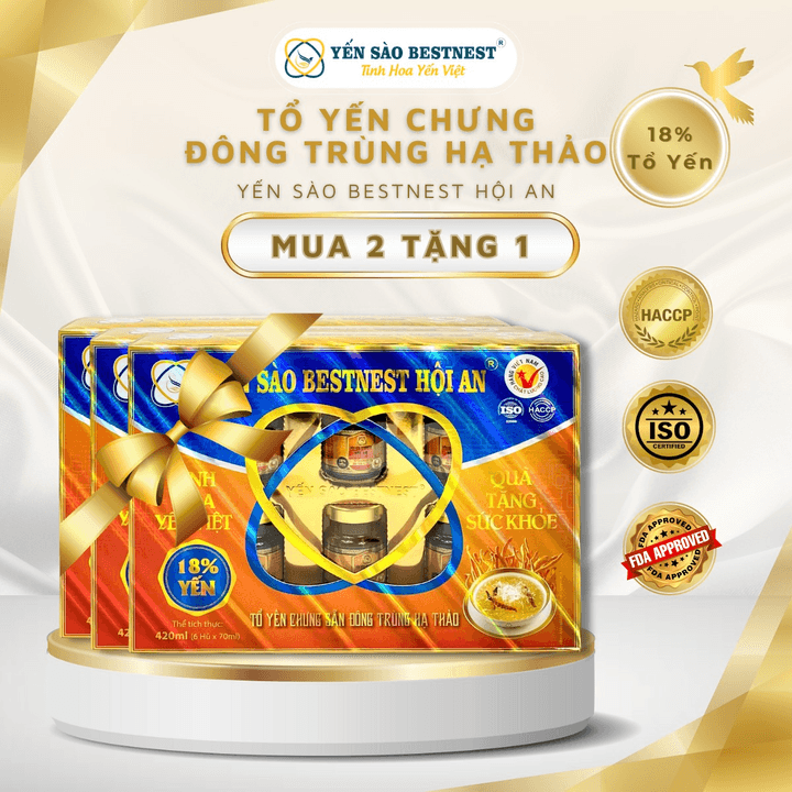 [mua 2 Tặng 1] Yến Sào Bestnest Hội An - Tổ Yến Chưng Sẵn Đông Trùng Hạ Thảo 18% - Hộp Quà 6 Hũ X 70ml
