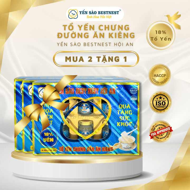[mua 2 Tặng 1] Yến Sào Bestnest Hội An - Tổ Yến Chưng Sẵn Đường Ăn Kiêng 18% - Hộp Quà 6 Hũ X 70ml