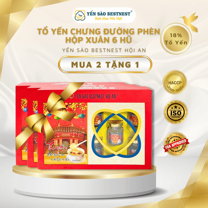 [mua 2 Tặng 1] Yến Sào Bestnest Hội An - Tổ Yến Chưng Sẵn Đường Phèn 18% - Hộp Xuân 6 Hũ X 70ml