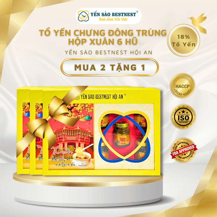 [mua 2 Tặng 1] Yến Sào Bestnest Hội An - Tổ Yến Chưng Sẵn Đông Trùng Hạ Thảo 18% - Hộp Xuân 6 Hũ X 70ml