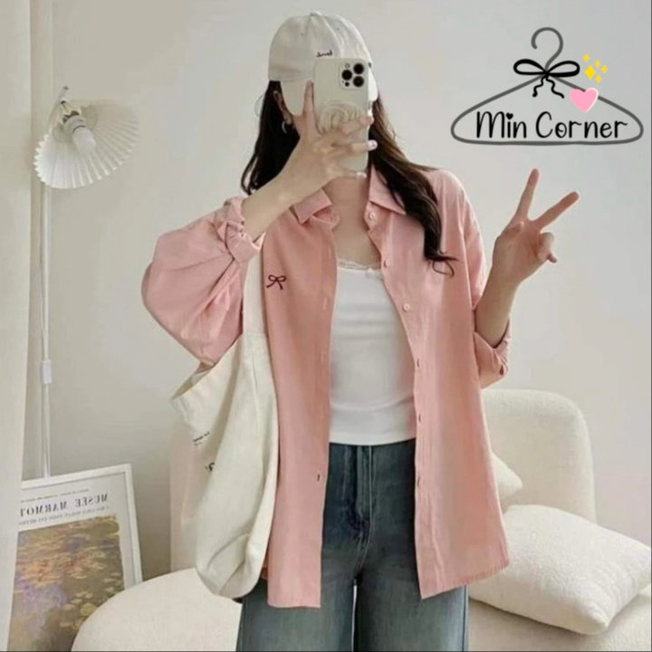 Áo Sơ Mi Nữ Thêu Nơ Form Rộng Dài Tay Nhiều Màu Ms107 - Min Corner