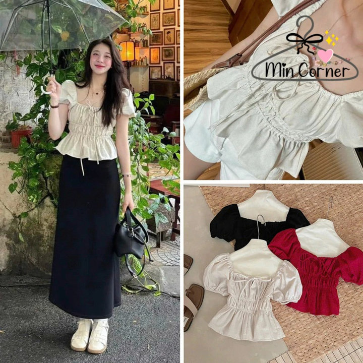 Alternative view of Áo Babydoll Linen Kiểu Xinh Tay Phồng Tiểu Thư Công Chúa Bo Thân Nơ Coquette Ngực Xinh Xắn Ms108 - Min Corner
