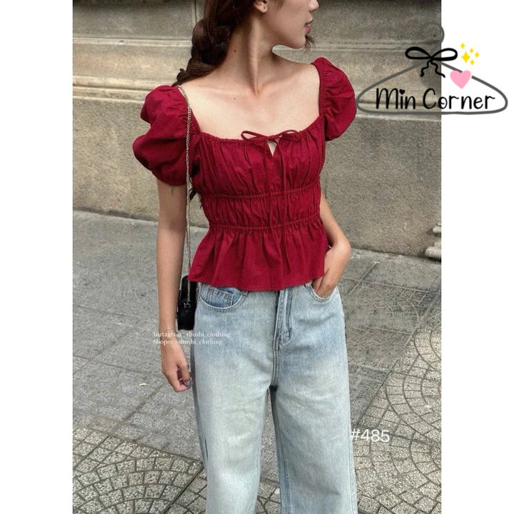 Áo Babydoll Linen Kiểu Xinh Tay Phồng Tiểu Thư Công Chúa Bo Thân Nơ Coquette Ngực Xinh Xắn Ms108 - Min Corner