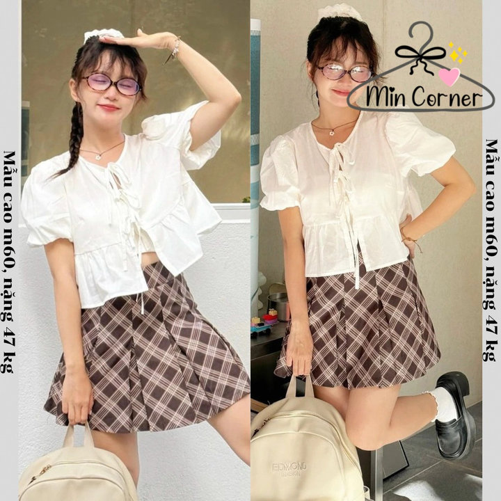 Áo Babydoll Dáng Ngắn Croptop Tay Phồng Thắt Nơ Ms111 - Min Corner