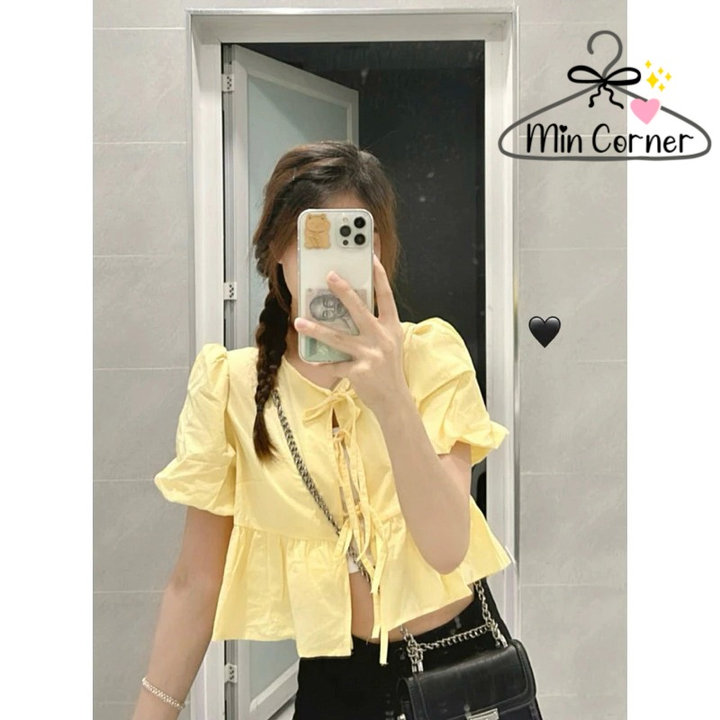 Alternative view of Áo Babydoll Dáng Ngắn Croptop Tay Phồng Thắt Nơ Ms111 - Min Corner
