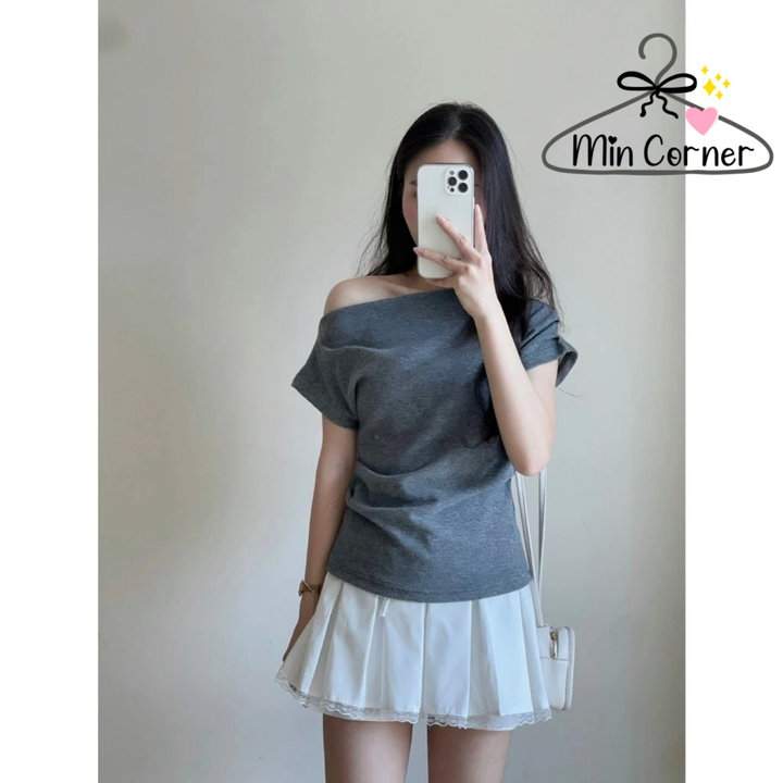 Áo Thun Lệch Vai Xếp Ly, Áo Kiểu Sườn Nhún Eo Điệu Đà, Áo Phông Form Vừa Chất Vải Co Dãn Mềm Ms115 - Min Corner