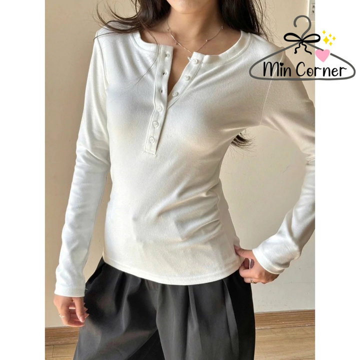 Áo Thun Tay Dài Len Tăm Thỏ ,thun Ôm Len Mịn Lông Chuột Tay Dài Cài Cúc Mở Ms121 - Min Corner