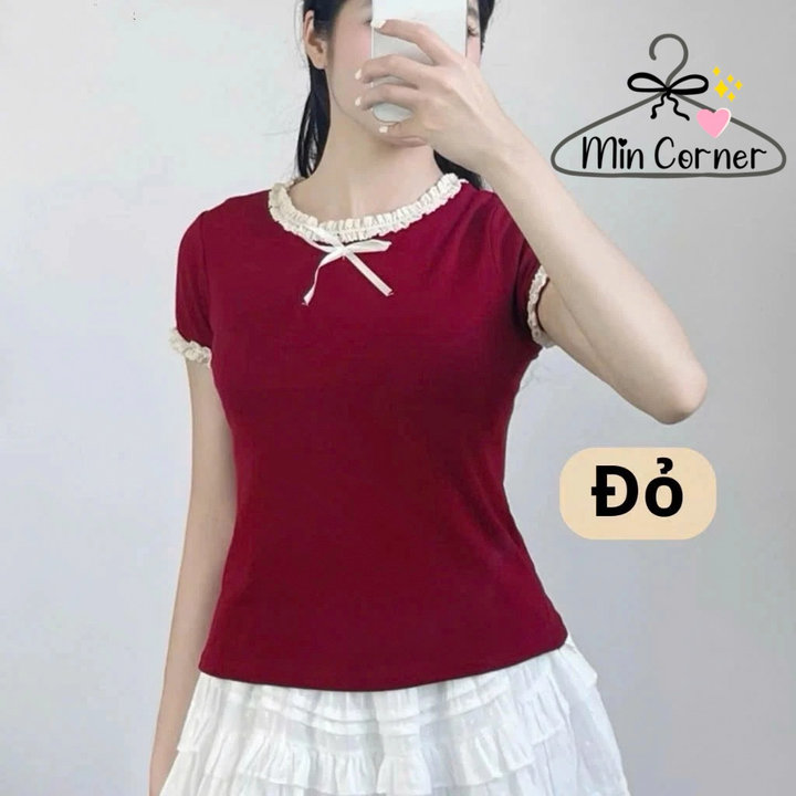 Áo Thun Cổ Tròn Đính Nơ Chất Cotton Bigsize, Áo Thun Babytee Ôm Phối Nơ Viền Ren Cổ Tròn Ms125 - Min Corner