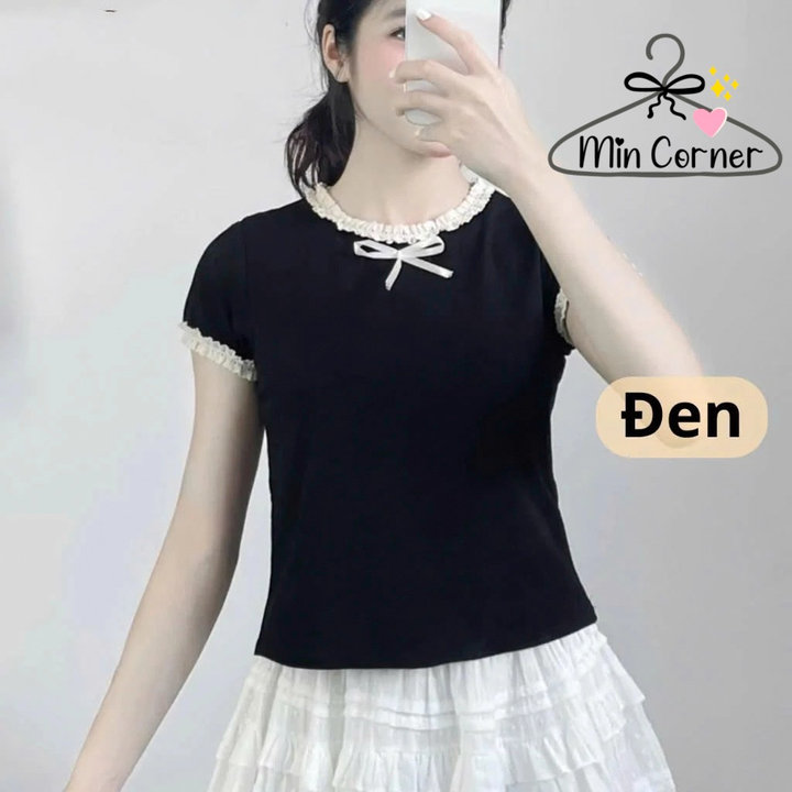Alternative view of Áo Thun Cổ Tròn Đính Nơ Chất Cotton Bigsize, Áo Thun Babytee Ôm Phối Nơ Viền Ren Cổ Tròn Ms125 - Min Corner