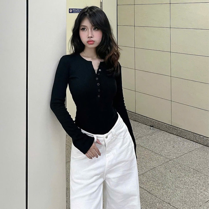 [shoppumi] Áo Thun Tăm Nút Tay Dài Chất Mềm 2 Màu Freesize Pumi
