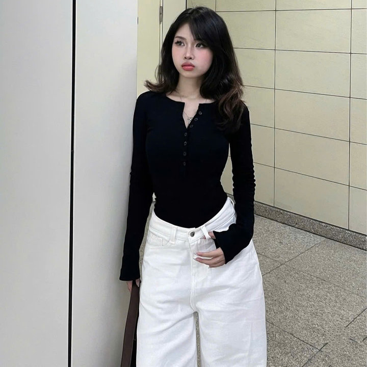 Alternative view of [shoppumi] Áo Thun Tăm Nút Tay Dài Chất Mềm 2 Màu Freesize Pumi