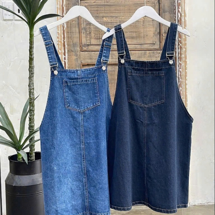 [shoppumi] Yếm Jean Dáng Lửng Chất Đẹp 2 Màu Nhạt Và Đậm Freesize Túi Giữa Pumi